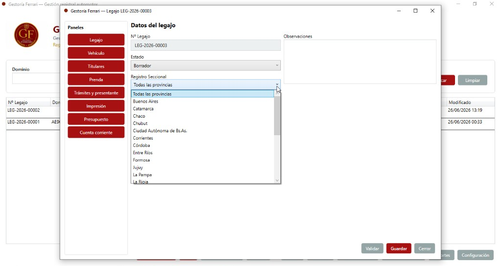 Filtro por provincia en registros seccionales